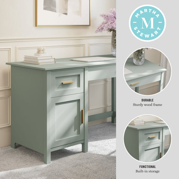 Sage Frame/Polished Brass Hardware |#| Sage Shaker Style Home Office Desk with Storage and Polished Brass Hardware