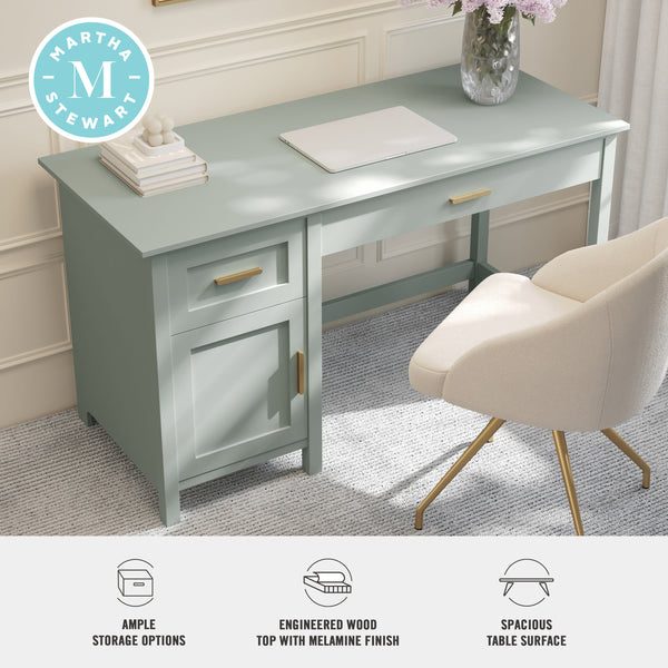 Sage Frame/Polished Brass Hardware |#| Sage Shaker Style Home Office Desk with Storage and Polished Brass Hardware