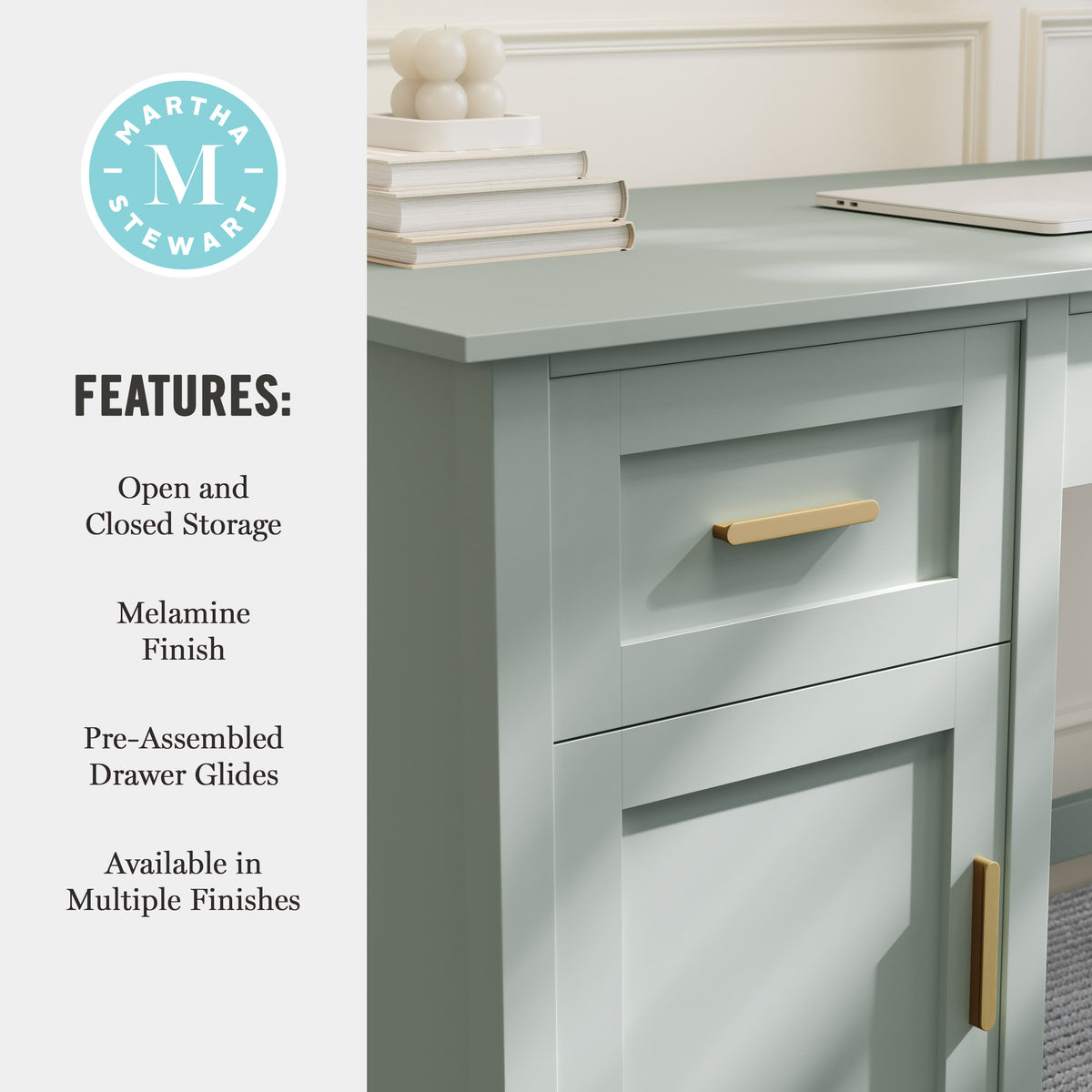 Sage Frame/Polished Brass Hardware |#| Sage Shaker Style Home Office Desk with Storage and Polished Brass Hardware