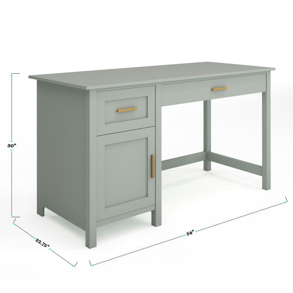 Sage Frame/Polished Brass Hardware |#| Sage Shaker Style Home Office Desk with Storage and Polished Brass Hardware