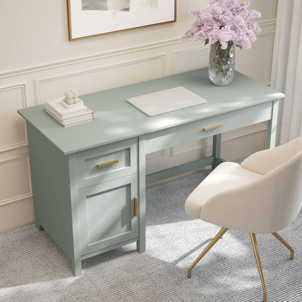 Sage Frame/Polished Brass Hardware |#| Sage Shaker Style Home Office Desk with Storage and Polished Brass Hardware