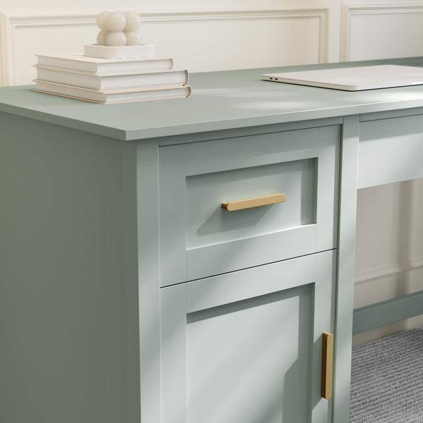 Sage Frame/Polished Brass Hardware |#| Sage Shaker Style Home Office Desk with Storage and Polished Brass Hardware
