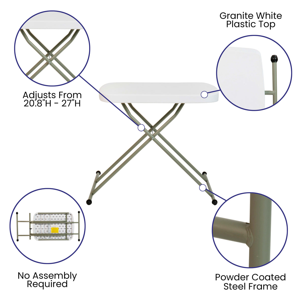 26" |#| 26 Inch Height Adjustable Plastic Folding TV Tray/Laptop Table in Granite White
