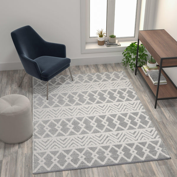 Gray/Ivory |#| Indoor Hand Woven Bohemian 5' x 7' Area Rug in Gray with Ivory Diamond Pattern