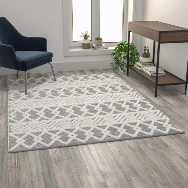 Gray/Ivory |#| Indoor Hand Woven Bohemian 5' x 7' Area Rug in Gray with Ivory Diamond Pattern