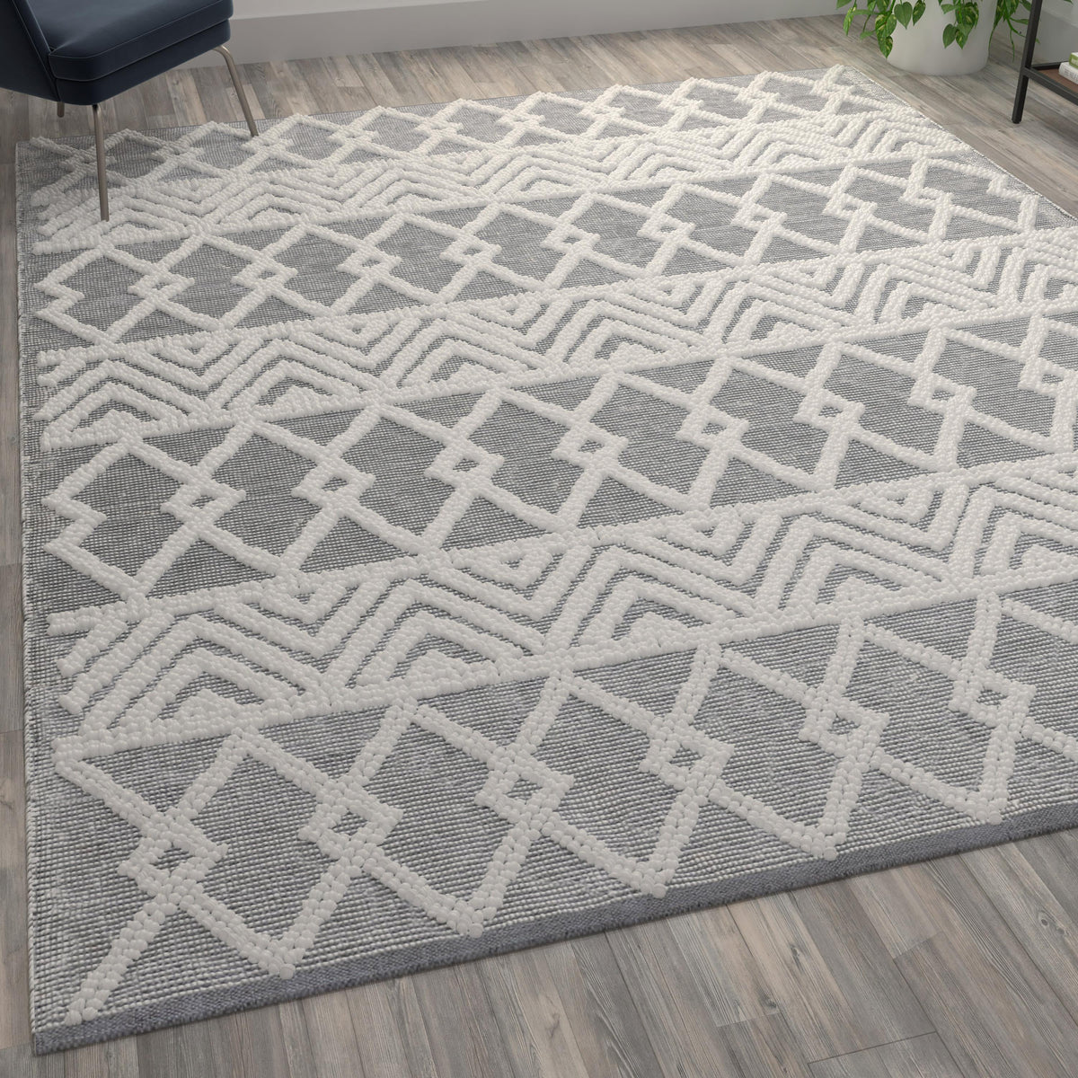 Gray/Ivory |#| Indoor Hand Woven Bohemian 8' x 10' Area Rug in Gray with Ivory Diamond Pattern
