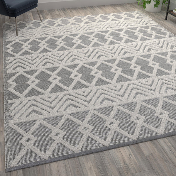 Gray/Ivory |#| Indoor Hand Woven Bohemian 8' x 10' Area Rug in Gray with Ivory Diamond Pattern