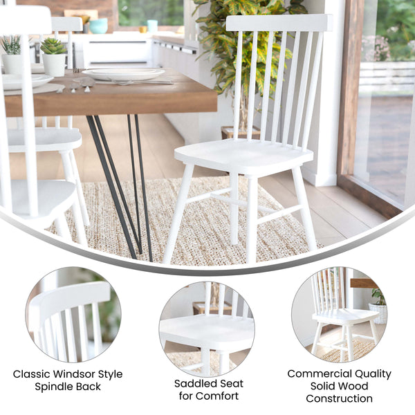 White |#| Windsor Style Commercial Solid Wood Spindle Back Dining Chairs in White-Set of 2