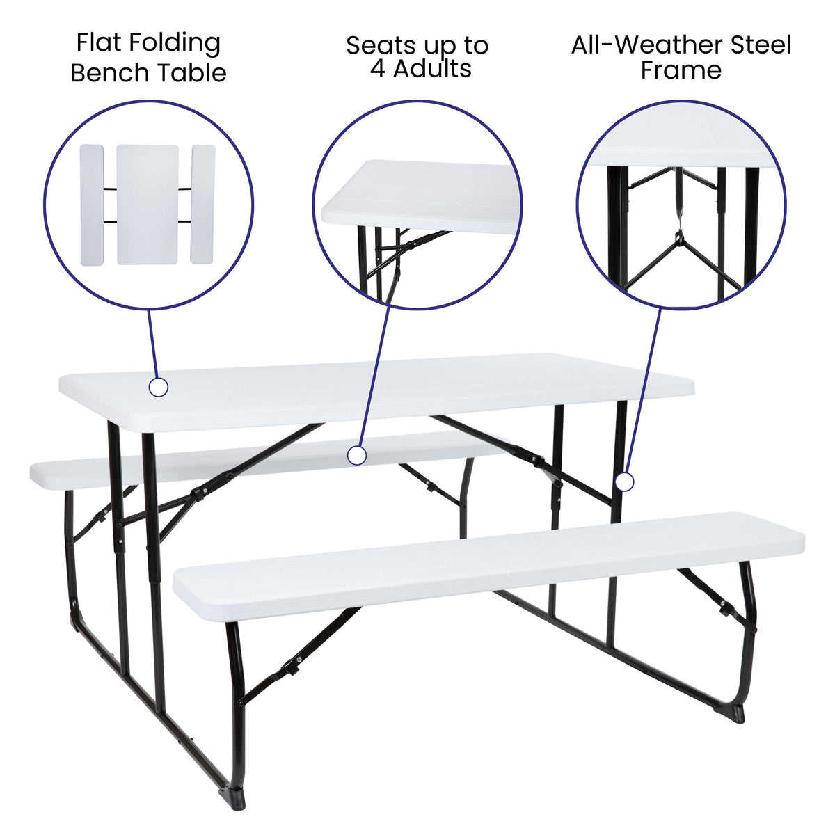 White |#| All-In-One Folding Picnic Table and Bench Set - Adult Size, White Wood Grain