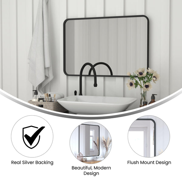 Matte Black,24"W x 36"L |#| Wall Mount 24x36 Accent Mirror with Matte Black Metal Frame/Silver Backed Glass