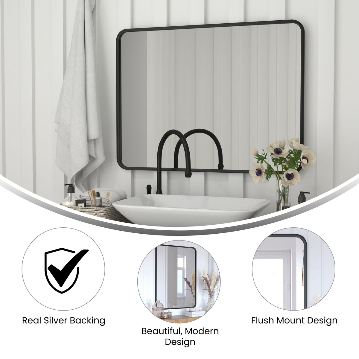 Matte Black,30"W x 40"L |#| Wall Mount 40x30 Accent Mirror with Matte Black Metal Frame/Silver Backed Glass