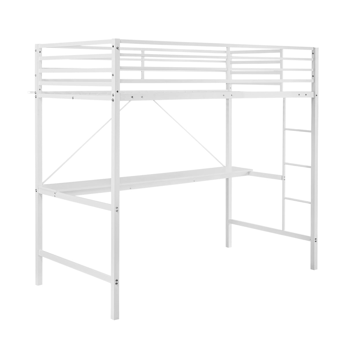 White |#| Sturdy Metal Loft Bed Frame in White with Desk and Safety Rails - Twin