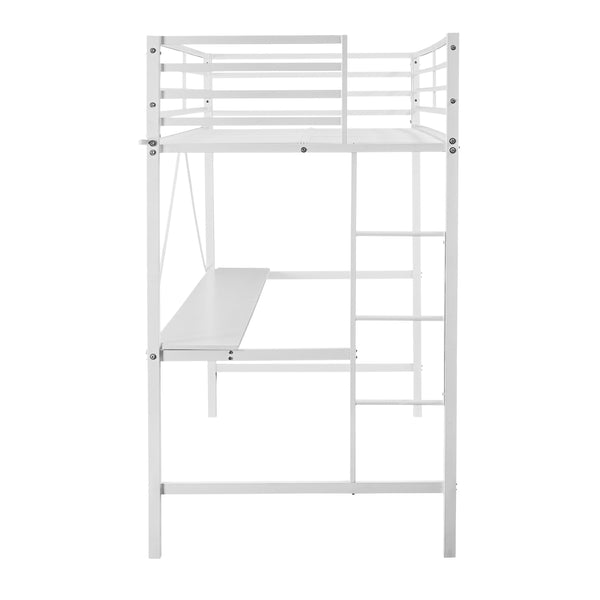 White |#| Sturdy Metal Loft Bed Frame in White with Desk and Safety Rails - Twin