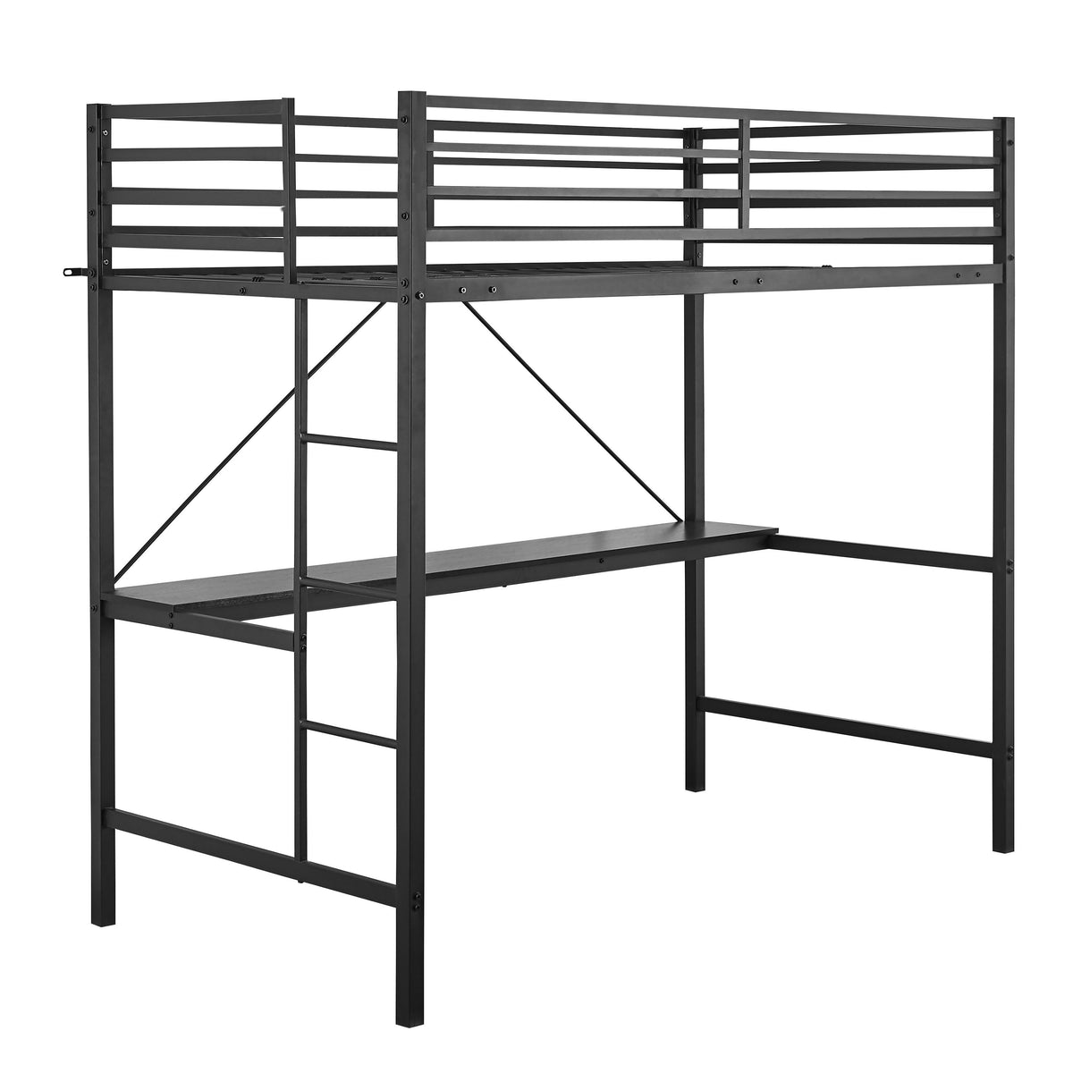 Black |#| Sturdy Metal Loft Bed Frame in Black with Desk and Safety Rails - Twin