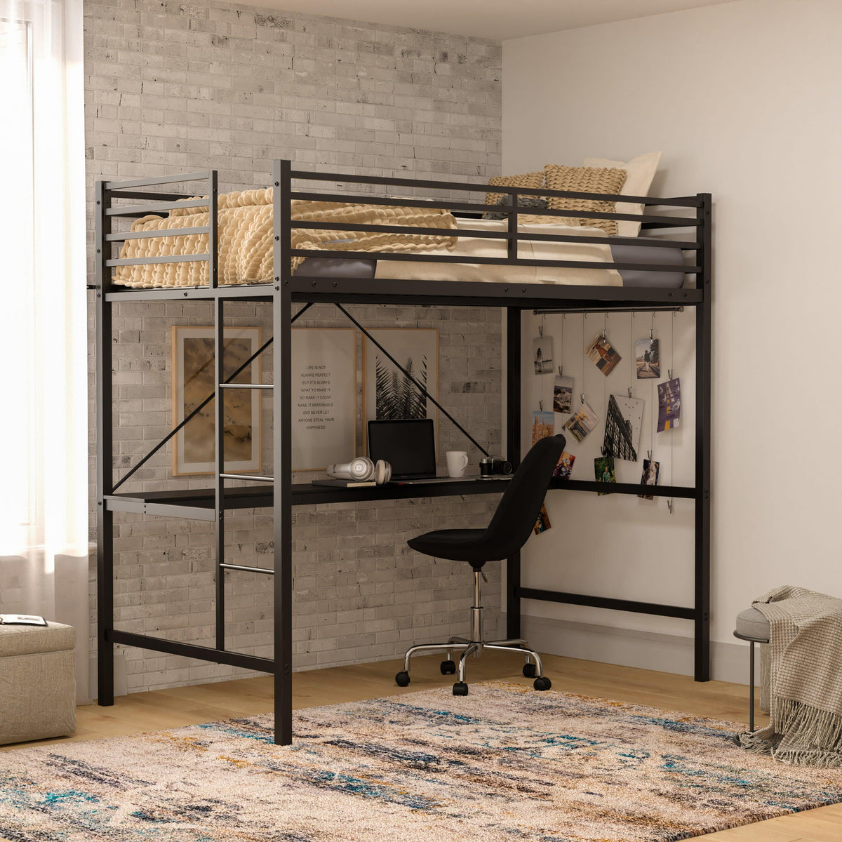 Black |#| Sturdy Metal Loft Bed Frame in Black with Desk and Safety Rails - Twin