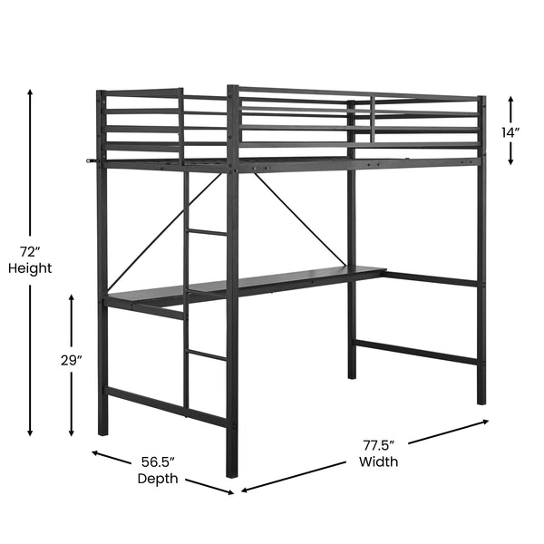 Black |#| Sturdy Metal Loft Bed Frame in Black with Desk and Safety Rails - Twin