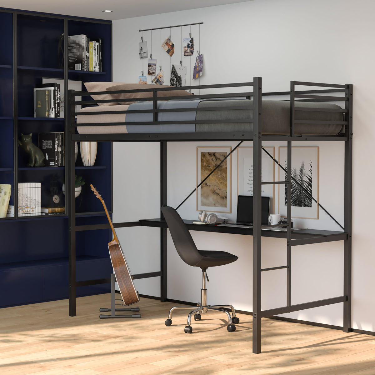 Black |#| Sturdy Metal Loft Bed Frame in Black with Desk and Safety Rails - Twin