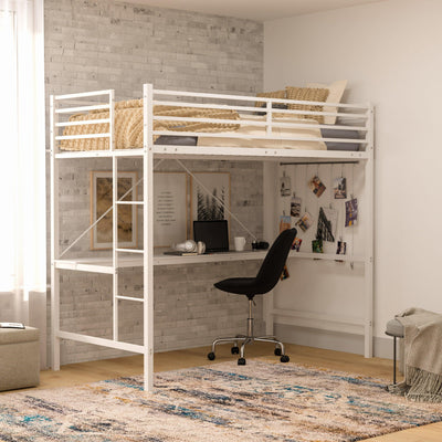 Jake Metal Loft Bed Frame with Desk, Protective Guard Rails and Ladder for Kids, Teens and Adults