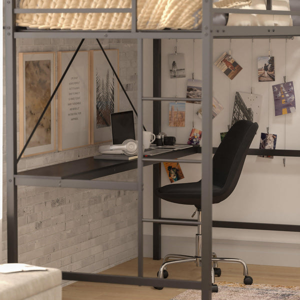 Black |#| Sturdy Metal Loft Bed Frame in Black with Desk and Safety Rails - Twin