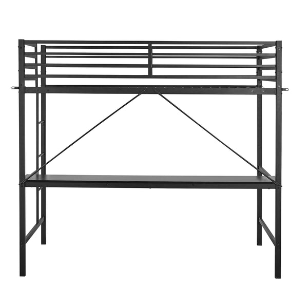 Black |#| Sturdy Metal Loft Bed Frame in Black with Desk and Safety Rails - Twin