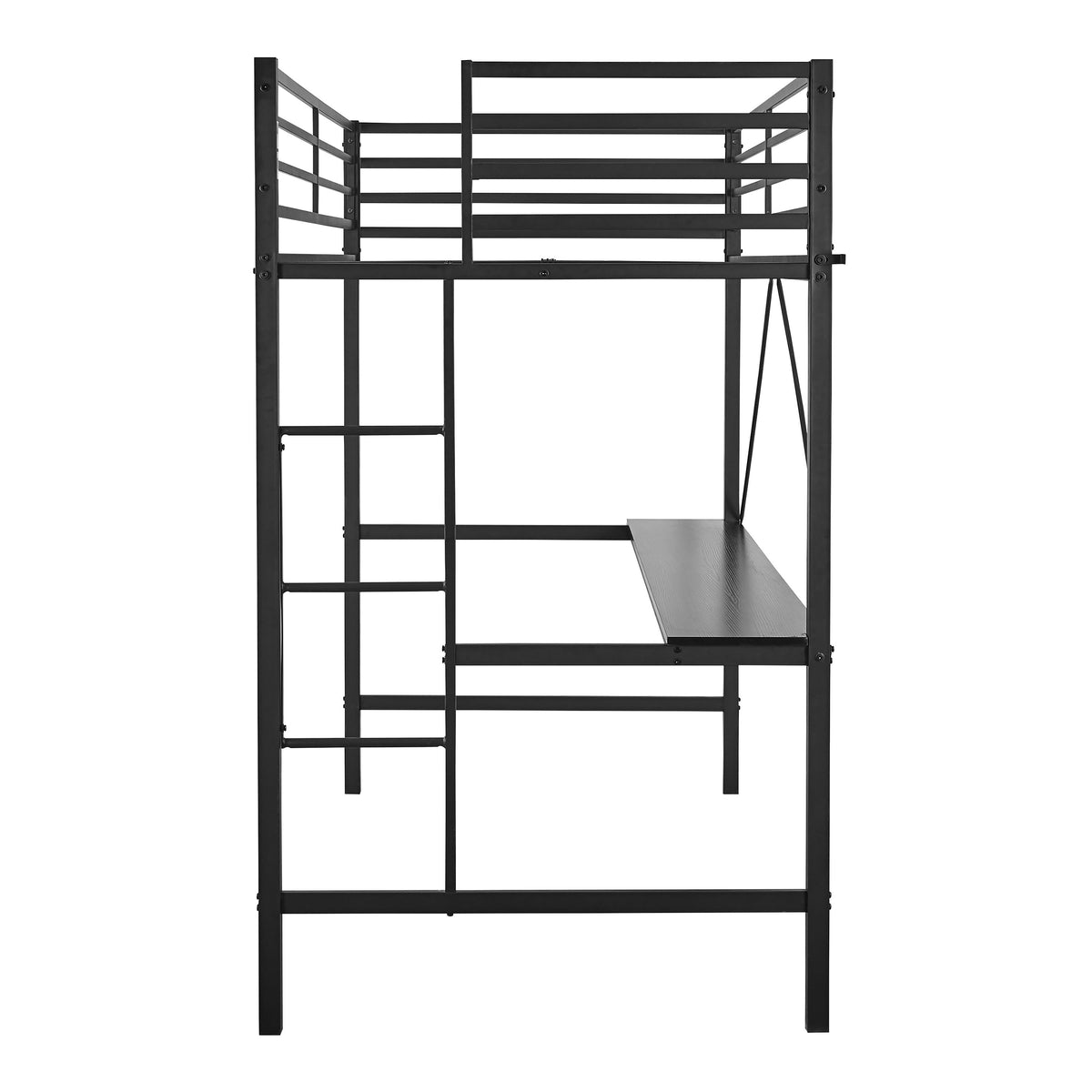 Black |#| Sturdy Metal Loft Bed Frame in Black with Desk and Safety Rails - Twin