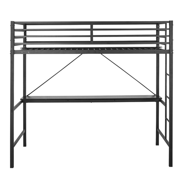 Black |#| Sturdy Metal Loft Bed Frame in Black with Desk and Safety Rails - Twin