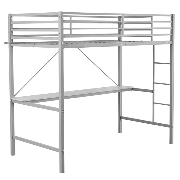 Gray |#| Sturdy Metal Loft Bed Frame in Gray with Desk and Safety Rails - Twin