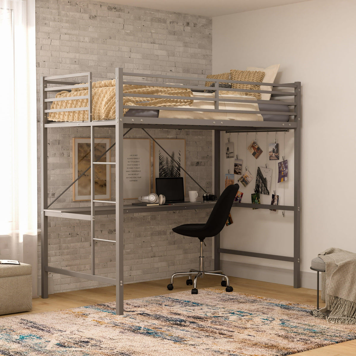 Gray |#| Sturdy Metal Loft Bed Frame in Gray with Desk and Safety Rails - Twin