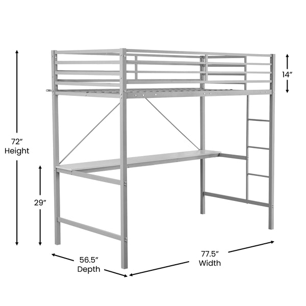 Gray |#| Sturdy Metal Loft Bed Frame in Gray with Desk and Safety Rails - Twin