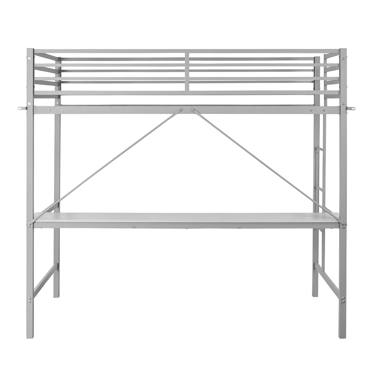 Gray |#| Sturdy Metal Loft Bed Frame in Gray with Desk and Safety Rails - Twin