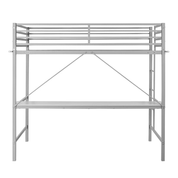 Gray |#| Sturdy Metal Loft Bed Frame in Gray with Desk and Safety Rails - Twin