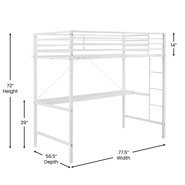 White |#| Sturdy Metal Loft Bed Frame in White with Desk and Safety Rails - Twin