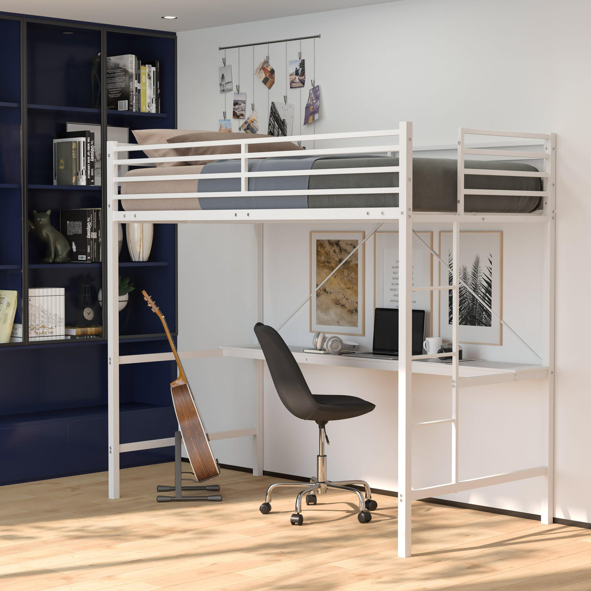 White |#| Sturdy Metal Loft Bed Frame in White with Desk and Safety Rails - Twin