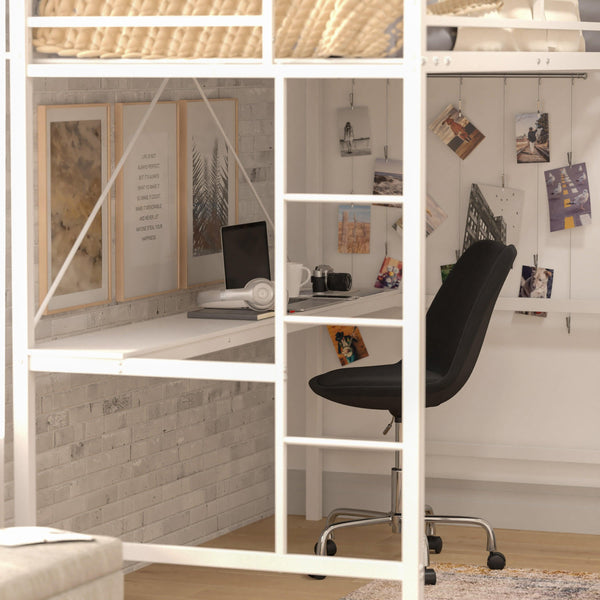 White |#| Sturdy Metal Loft Bed Frame in White with Desk and Safety Rails - Twin