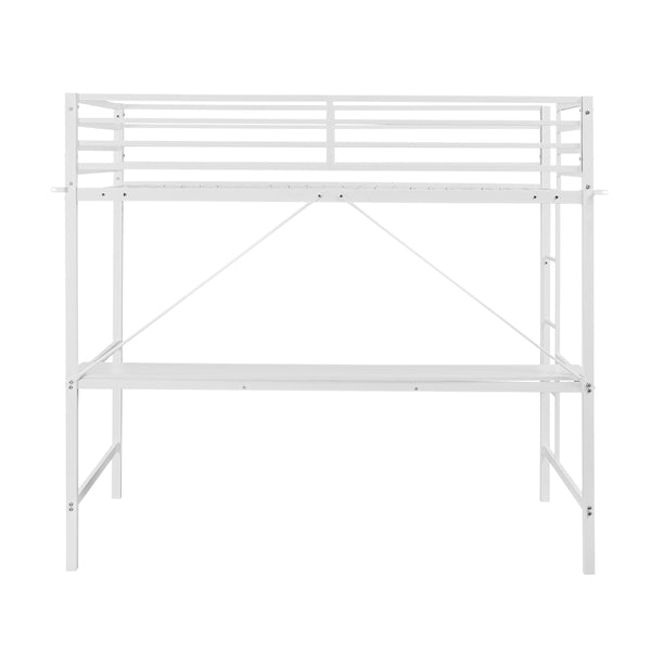 White |#| Sturdy Metal Loft Bed Frame in White with Desk and Safety Rails - Twin