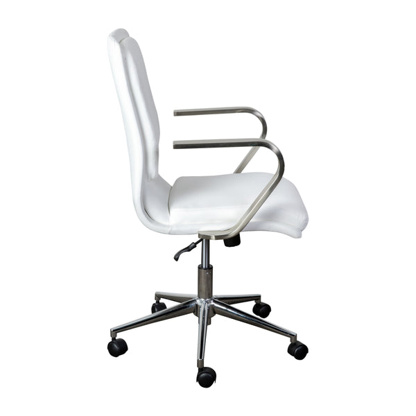 White LeatherSoft/Chrome Frame |#| Designer Executive Swivel Office Chair with Brushed Chrome Arms and Base, White