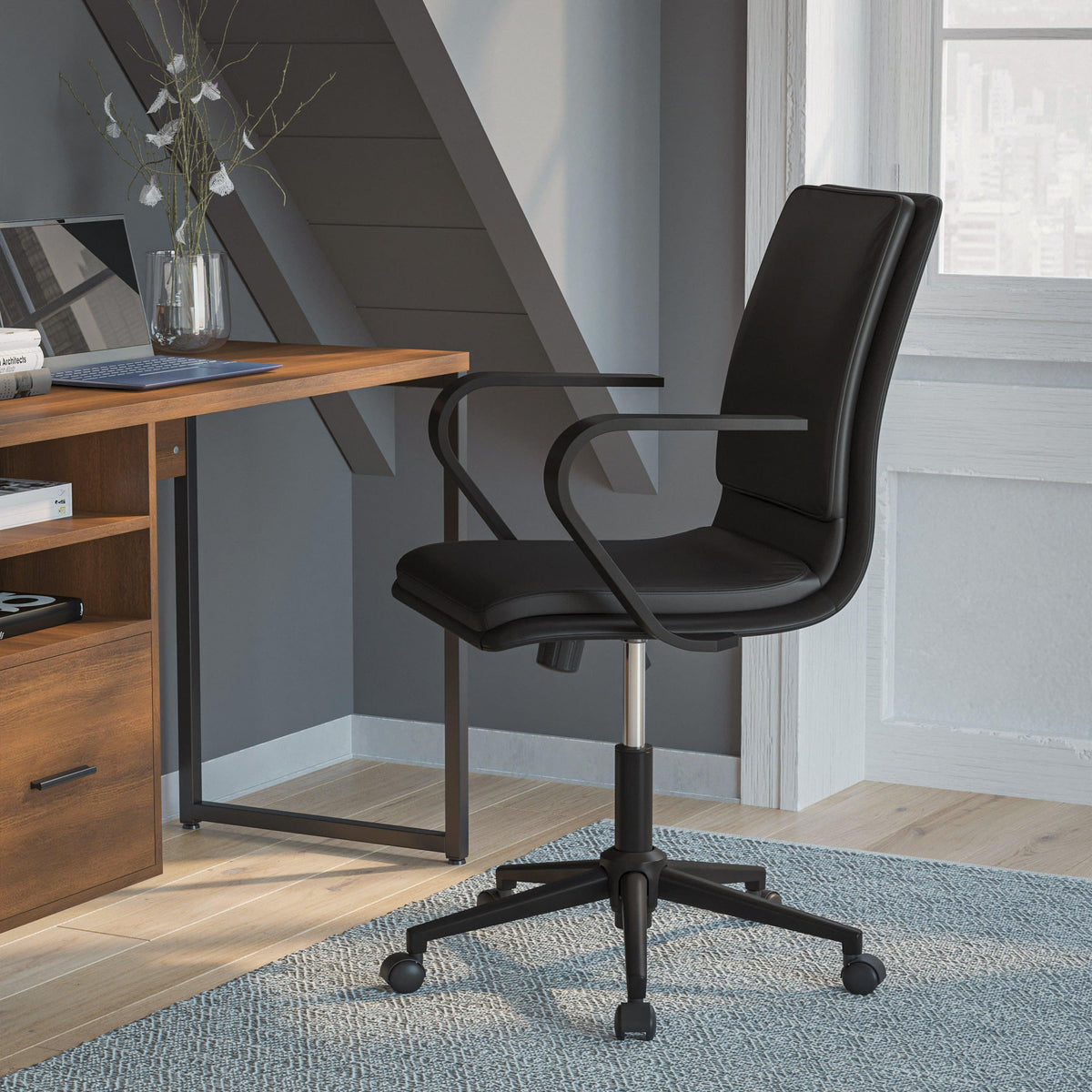 Black LeatherSoft/Black Frame |#| Designer Executive Swivel Office Chair with Black Arms and Base, Black