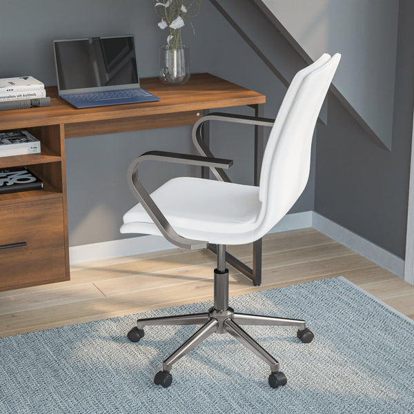 White LeatherSoft/Chrome Frame |#| Designer Executive Swivel Office Chair with Brushed Chrome Arms and Base, White