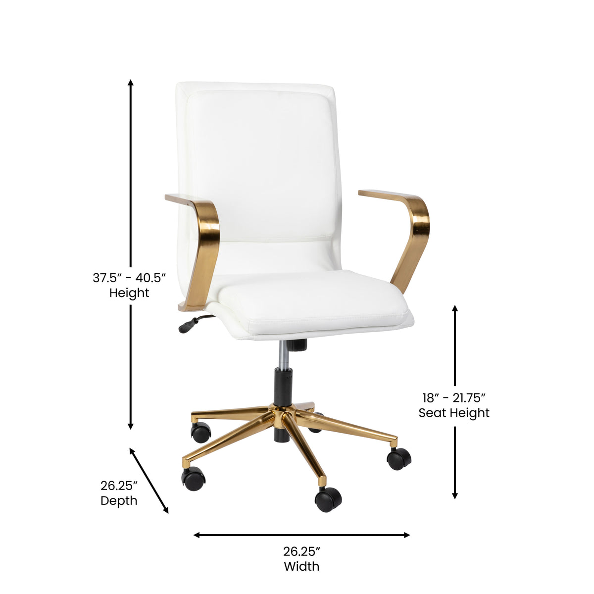 White LeatherSoft/Gold Frame |#| Designer Executive Swivel Office Chair with Brushed Gold Arms and Base, White