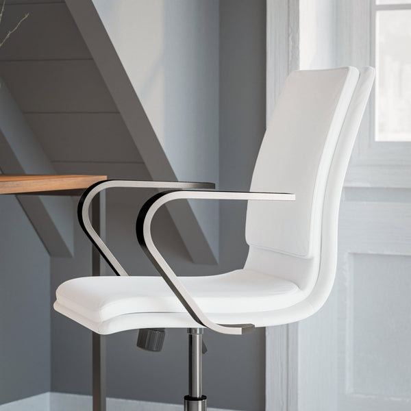 White LeatherSoft/Chrome Frame |#| Designer Executive Swivel Office Chair with Brushed Chrome Arms and Base, White