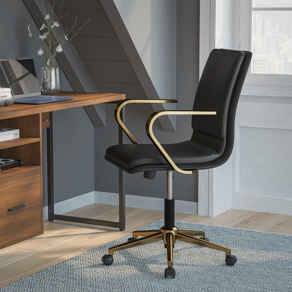 Black LeatherSoft/Gold Frame |#| Designer Executive Swivel Office Chair with Brushed Gold Arms and Base, Black