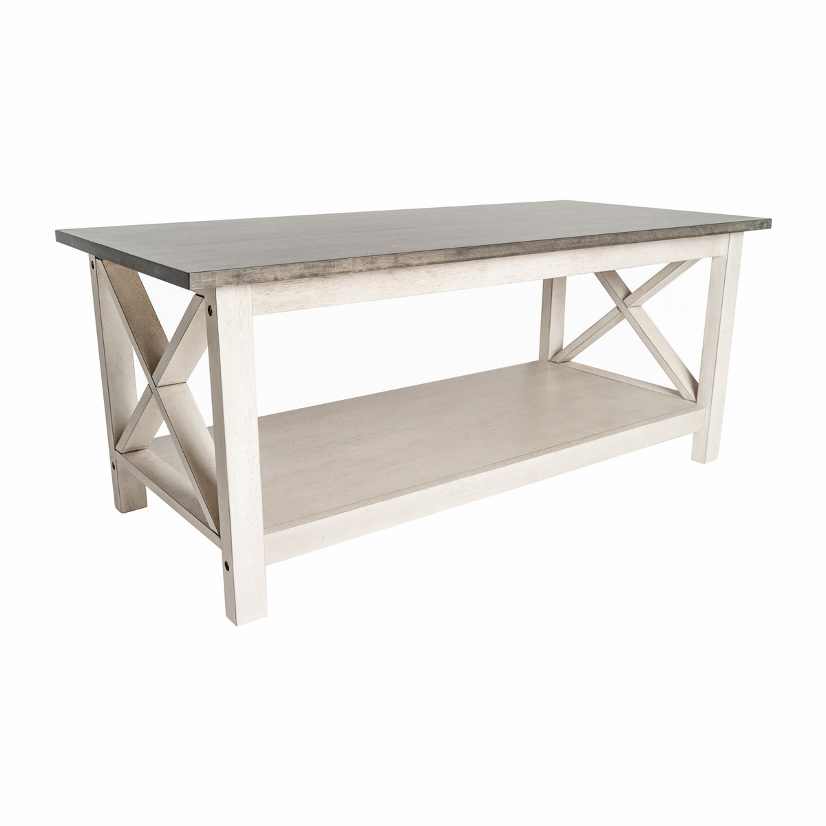 Acacia Gray Top/Rustic White Frame |#| Solid Wood Traditional Farmhouse Coffee Table in Acacia Gray and Rustic White