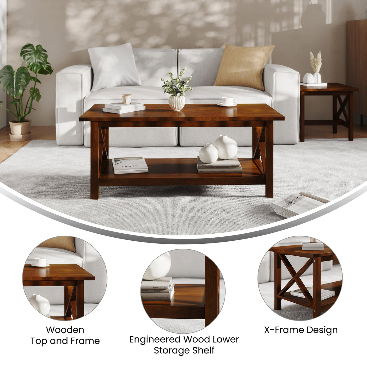 Walnut |#| Solid Wood Traditional Farmhouse Coffee Table in Walnut