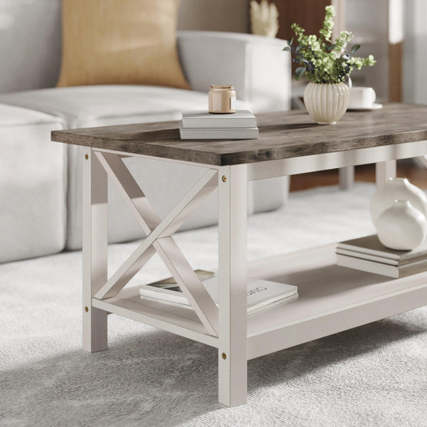 Acacia Gray Top/Rustic White Frame |#| Solid Wood Traditional Farmhouse Coffee Table in Acacia Gray and Rustic White