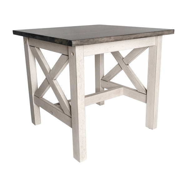 Acacia Gray Top/Rustic White Frame |#| Solid Wood Traditional Farmhouse End Table in Acacia Gray and Rustic White