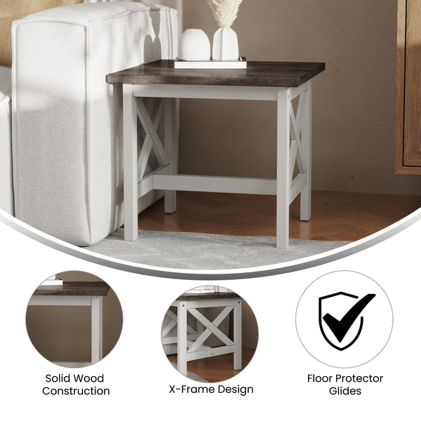 Acacia Gray Top/Rustic White Frame |#| Solid Wood Traditional Farmhouse End Table in Acacia Gray and Rustic White