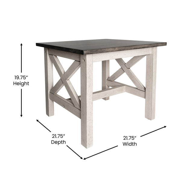 Acacia Gray Top/Rustic White Frame |#| Solid Wood Traditional Farmhouse End Table in Acacia Gray and Rustic White