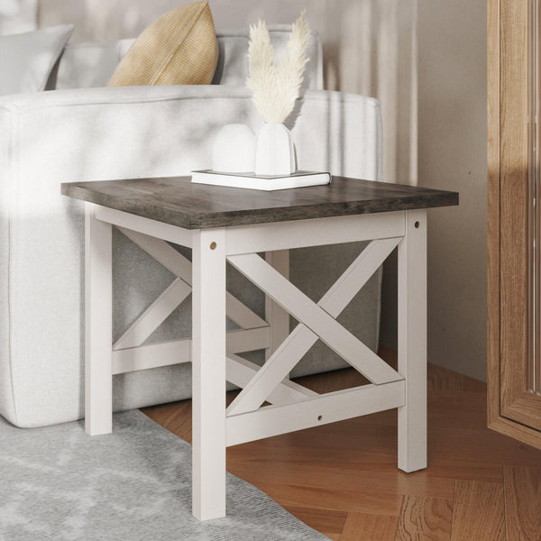 Acacia Gray Top/Rustic White Frame |#| Solid Wood Traditional Farmhouse End Table in Acacia Gray and Rustic White