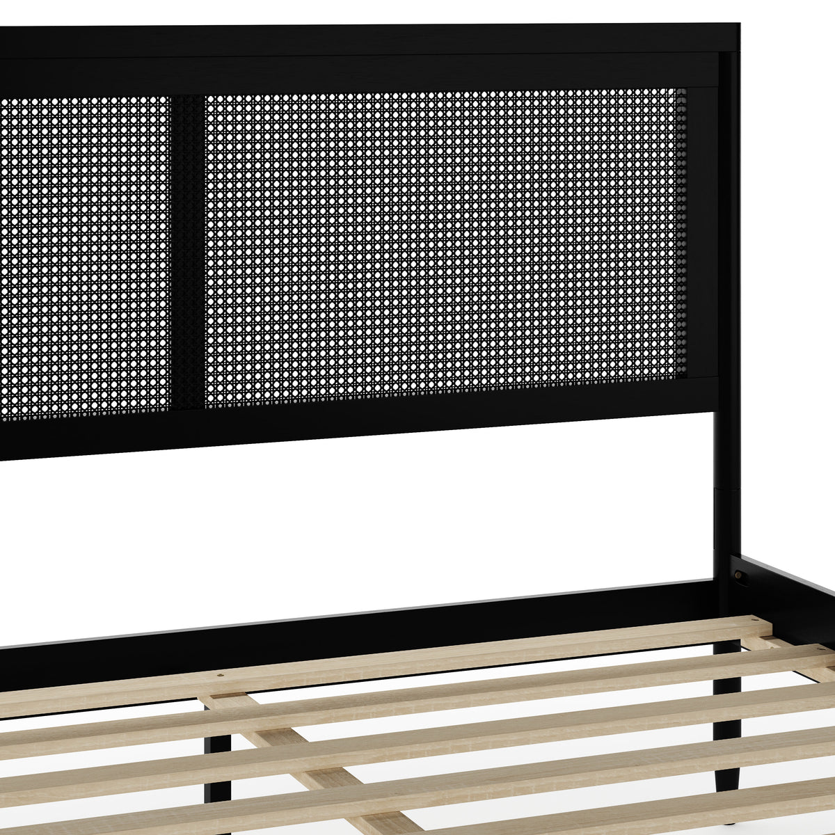 Black,Queen |#| Wooden Queen Platform Bed with Rattan Inset Headboard and Footboard-Black