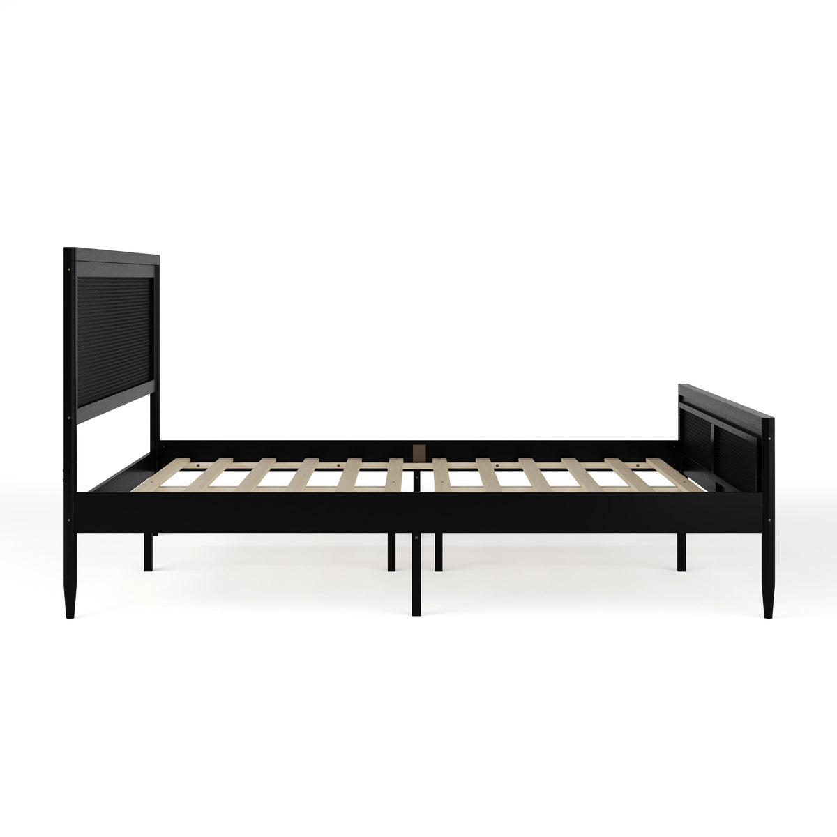 Black,Queen |#| Wooden Queen Platform Bed with Rattan Inset Headboard and Footboard-Black